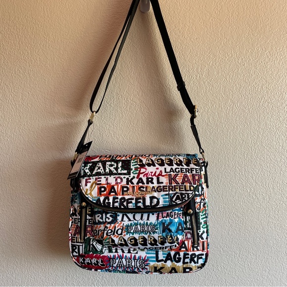 NWT KARL LAGERFELD PARIS White Scribble Print Messenger Crossbody Bag - Picture 6 of 6